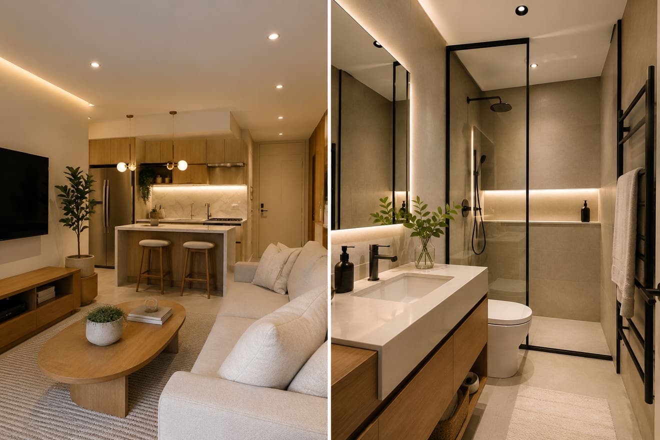 Ambientes reformados: sala integrada à cozinha e banheiro moderno com iluminação embutida